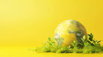 Keuken spatwand met foto 3D globe, sunny daisy field on yellow background. Symbolic idea for World Environment Day with copy space. © atitaph