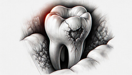 Close-up Drawing of a Tooth With a Hole - obrazy, fototapety, plakaty