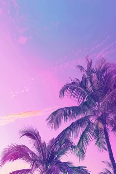 Palm trees standing tall against a colorful sky, blending shades of pink and blue in the background