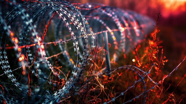 Sunset Glow on Barbed Wire Against Red Sky