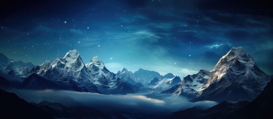 A majestic mountain range covered in snow and clouds under a starry night sky, creating a breathtaking natural landscape with a touch of atmospheric phenomenon - Powered by Adobe