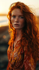 portrait of beautiful redhead woman model on the beach. warm light, sunset or sunrise