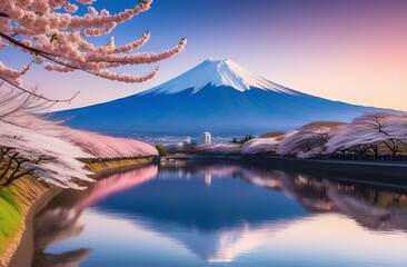 Mount Fuji with a reflection in the river and cherry blossoms on a sunny spring day. Concept journey