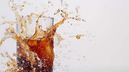 A dynamic cola beverage exploding in a splash on a pristine white surface, with fizzy bubbles and droplets suspended in mid-air. - obrazy, fototapety, plakaty