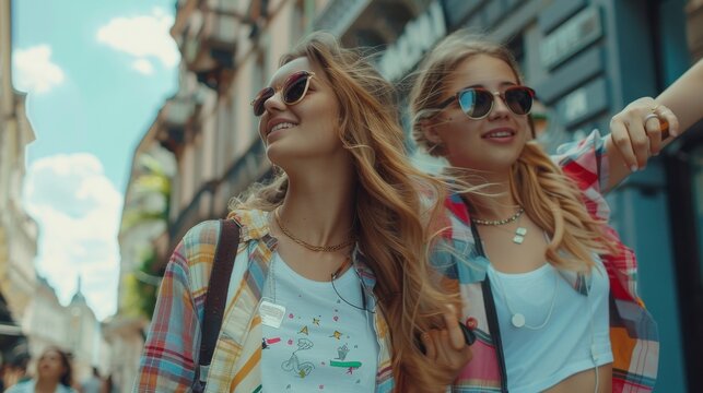 Fun, friends, travel and tourism concept. Beautiful girls looking for direction in the city, Generative AI
