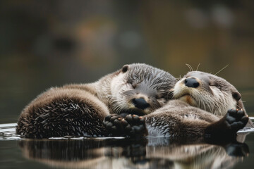 Hugging otters, animals sleeping on the water of the river in natural documentary photography