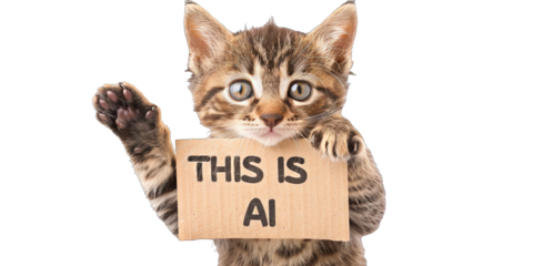 Kitten holding a sign that says "This is AI" isolated on transparent background