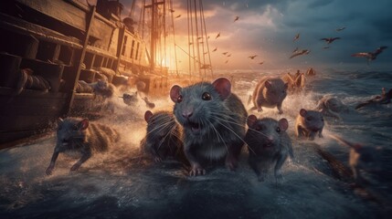 Fototapeta premium Rats fleeing a sinking ship. It features a dramatic scene with a large ship tilting and sinking into the ocean, while numerous rats scurry away.