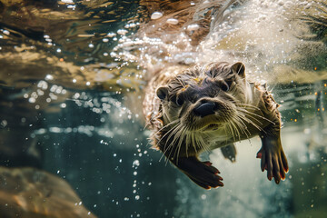 Otter diving in the river, copy space of a wild moustached animal swimming underwater looking for...