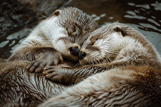 Hugging otters, tender image full of love of two wildlife animals floating in the water together