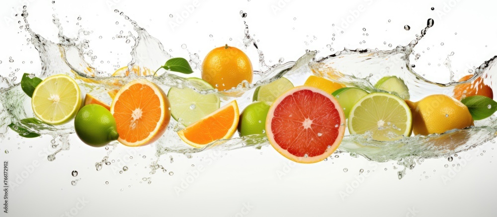 Poster a variety of citrus fruits like valencia oranges, rangpur, and clementines are seen splashing in the