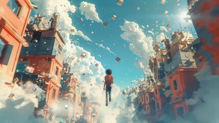 Illustrate the concept of physics at a tilted angle view in animation, showcasing a scene where characters navigate through a distorted, gravity-bending environment with seamless motion Emphasize the  - obrazy, fototapety, plakaty