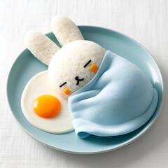 A rice rabbit is sleeping on rice covered with an omelet in a cute style. - obrazy, fototapety, plakaty