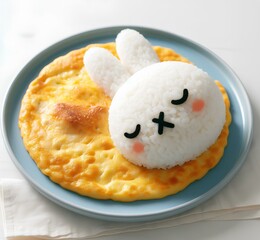 A rice rabbit is sleeping on rice covered with an omelet in a cute style. - obrazy, fototapety, plakaty