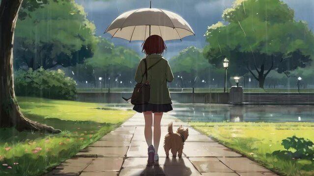 Lofi seamless looping animation. Anime girl holding an umbrella walks in a park with dog on a rainy day. Lofi aesthetics, suitable for music videos.