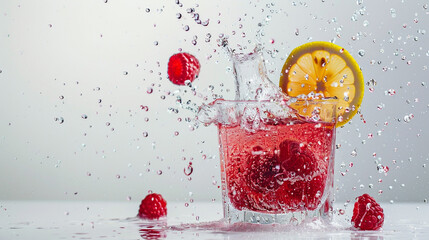 A dynamic raspberry lemonade bursting into a splash on a clean white surface, with fruity droplets suspended in the air.  - obrazy, fototapety, plakaty
