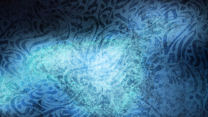Arabic calligraphy wallpaper on a wall with a blue background and old paper interlacing. Translate 