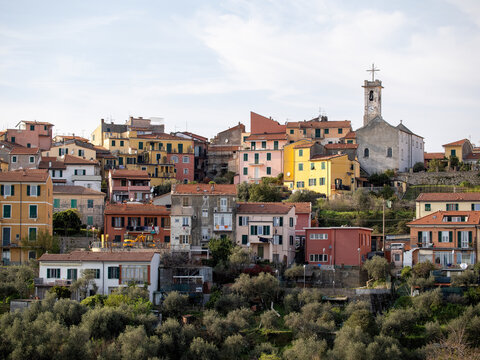 Pitelli. Pitelli, village of La Spezia. Panorama of the village on the hill between the shipyards and the ENEL industrial area.