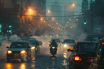 City life under the haze of PM 2.5, cityscape of buildings and street with bad weather and smoke. - obrazy, fototapety, plakaty