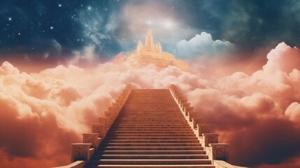 Stairway to heaven in heavenly concept. Religion background. Stairway to paradise in a spiritual concept. - obrazy, fototapety, plakaty