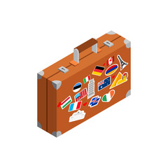Travel suitcase retro stickers of different countries. Leather vintage travel suitcase