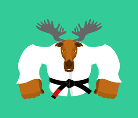 Deer in judo kimono. Karate Elk mascot. Angry sport animal