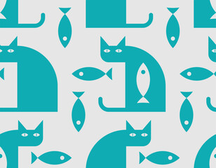Cat and fish pattern seamless. Fish inside cat background. Baby fabric texture