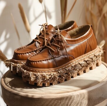 Pair of brown leather shoes with fringe trim and tassels.