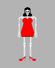 Female skeleton in dress. Bones, skull and women's dress