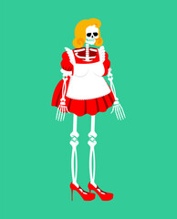 Female skeleton in dress. Bones, skull and women's dress