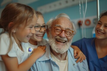 Happy grandchildren visiting grandfather at hospital ward. Support, family and healthcare concept, Generative AI