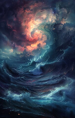 A high waves in a middle of storm heating Ocean, blue fantasy natural background