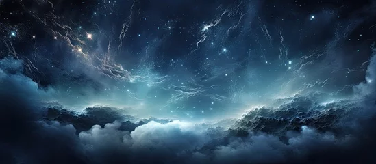 Deurstickers The night sky is filled with clouds and twinkling stars, creating a beautiful atmospheric phenomenon. The cumulus clouds float among the astronomical objects in the vast expanse of the sky © 2rogan