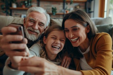 Cheerful multi-generation family having fun while spending time together at home, Generative AI - obrazy, fototapety, plakaty