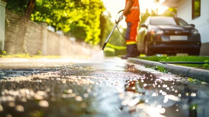 Worker cleans the street near houses.