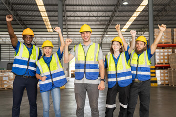 Professional warehouse worker team full skill quality for maintenance and training in industry...