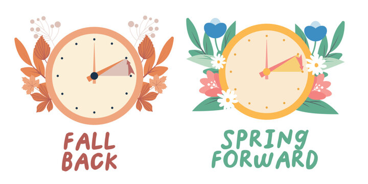Spring forward and fall back concept in flat style, change clock forward and back one hour, Daylight Saving Time web vector reminder banner. Minimalist aesthetic web banner.