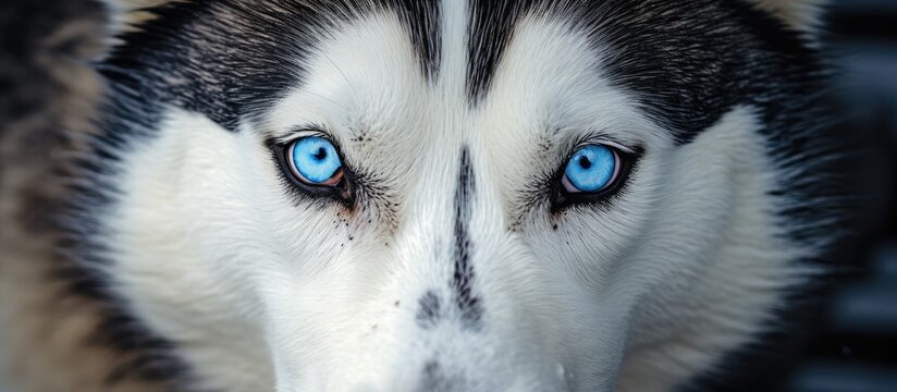 A closeup image capturing the mesmerizing blue eyes and thick fur of a husky dog, a carnivorous dog breed with prominent whiskers and a powerful jaw