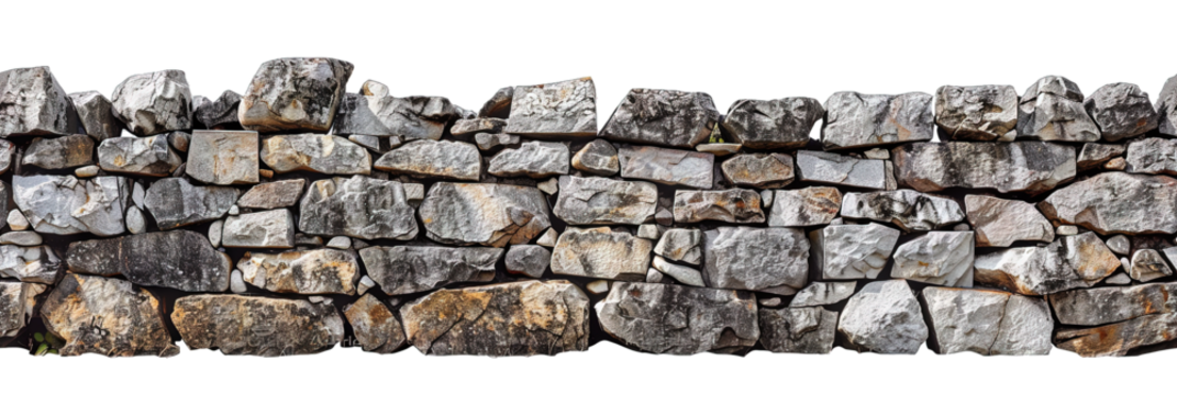 Stone wall - bricks and rocks stacked for a barrier isolated on transparent background