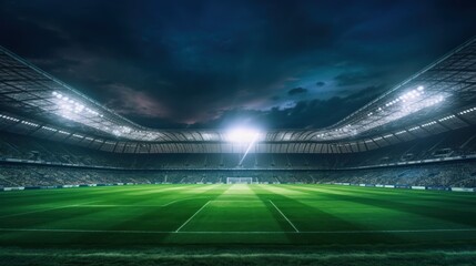 soccer stadium with illumination, green grass and night sky. - obrazy, fototapety, plakaty