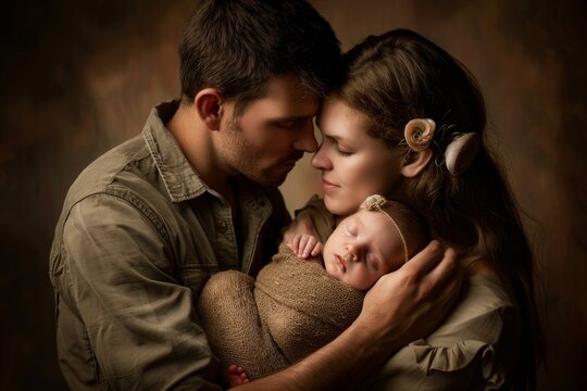 Portrait of parents and newborn baby. Father and mother kiss and hug a beautiful newborn child, Generative AI