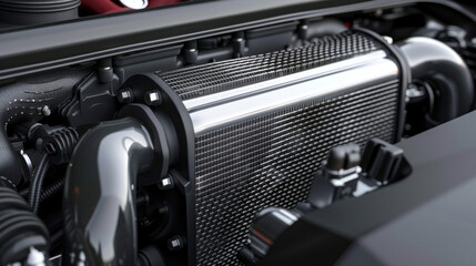 A high-performance intercooler, with a large surface area for efficient heat exchange, cooling the intake air for the turbocharger - obrazy, fototapety, plakaty