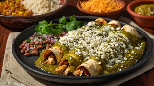 A plate of chicken enchiladas bathed in rich green sauce is adorned with crumbled cheese, paired with rice and beans, portraying a classic Mexican feast in warm, inviting tones.