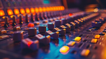 Fototapeta premium Close-up View of a Music Studio Highlights the Intricate Knobs, Buttons, and Switches of Recording Equipment. Technical Precision and Creative Control Concept.