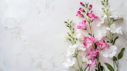 Naklejka na ściany i meble white and pink matthiola flowers on a light background, space for text ,Generative ai,
