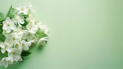 Spring Banner. White Flowers bouquet on light green background. Birthday, Mother's Day greeting card. Copy space.,Generative ai,