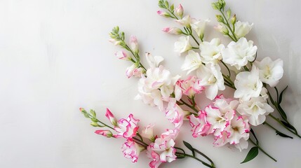 Naklejka na ściany i meble white and pink matthiola flowers on a light background, space for text ,Generative ai,