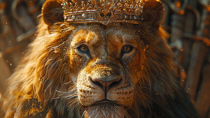 Menacing strong lion in a crown on a throne