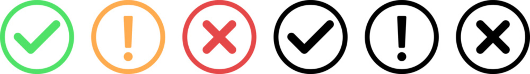 Obraz premium Set of check mark, exclamation point, X or cross mark icons buttons