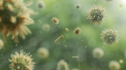 Hyperrealistic illustration of diverse pollen grains floating in the fresh spring air, a trigger for seasonal allergies.